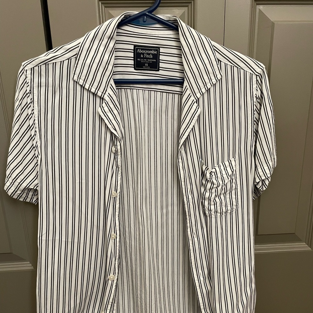 White, striped button up from Abercrombie and Fitch.